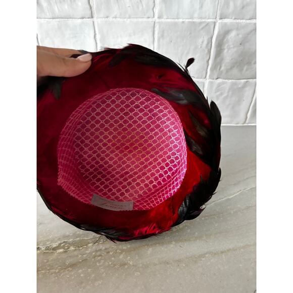 Vintage Chapeaux Louise Red Black Feather Pillbox Cocktail Hat Fascinator main image 5